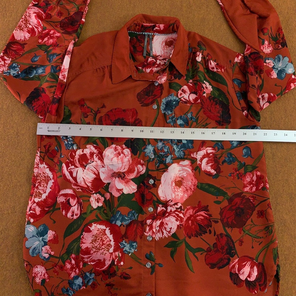 Anthropologie Womens Medium Rust Orange Floral Button Up Long Sleeve Tunic Top - Picture 9 of 13